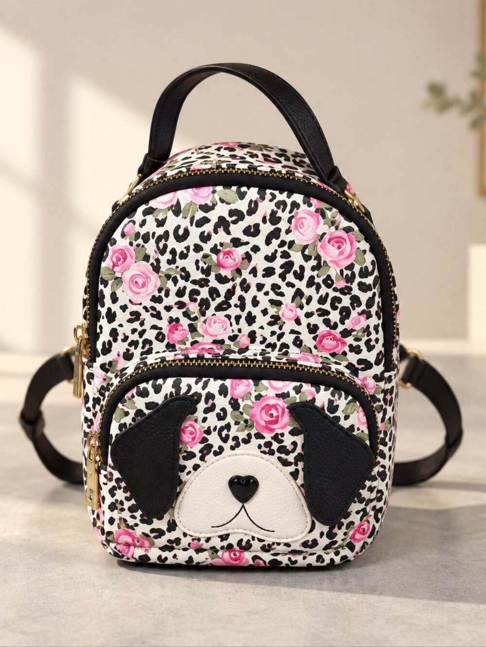 Betsey Johnson Black & Pink Floral Leopard Puppy Mini Backpack NWOT